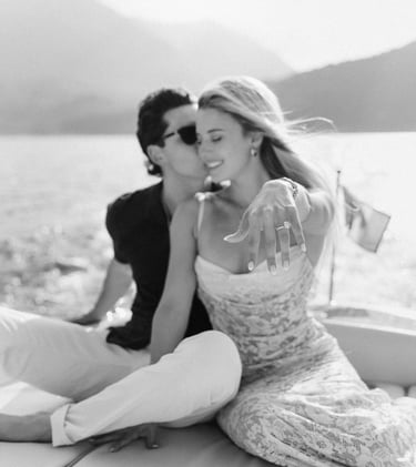 lindsay brewer show engagement ring in Lake Como