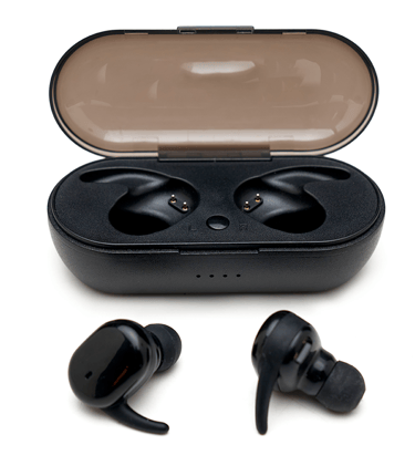 Black wireless Bluetooth earbuds with open charging case on a white background.