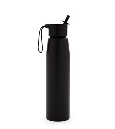 Sleek matte black insulated water bottle with a straw lid and carrying loop, ideal for hydration and sports.