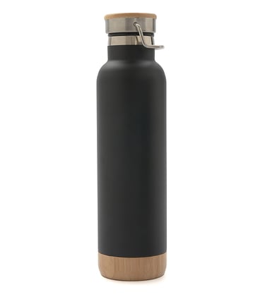 Black stainless steel water bottle with a bamboo base and top, ideal for eco-friendly hydration and sustainability.