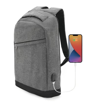 Grey laptop backpack with integrated USB charging port connected to a smartphone.
