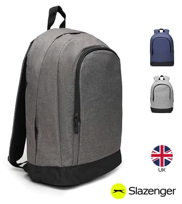 Durable Slazenger laptop backpack in grey, blue, and light grey with a zip front pocket.