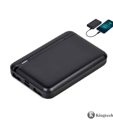 Portable black power bank with LED indicator and dual USB ports for charging a smartphone.