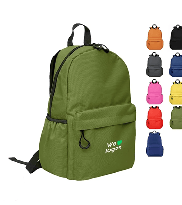 Customizable olive green backpack with front pocket, available in multiple vibrant colors for travel and school.
