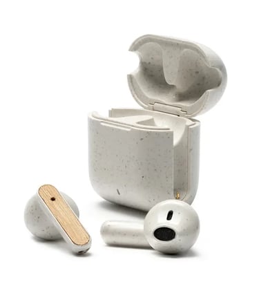 Eco-friendly speckled white wireless earbuds with wood accents and a matching charging case.