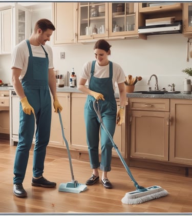 A group of people inside a room engage in cleaning or maintenance activities. One person sweeps the floor with a broom while others stand and observe, smiling or gesturing. The room has wooden structures and a child rests on a bed nearby.