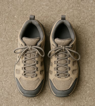 A pair of walking shoes on a stone platform