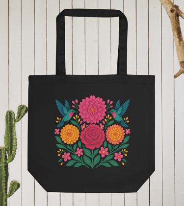 Floral eco tote bag black with pink flowers and hummingbirds