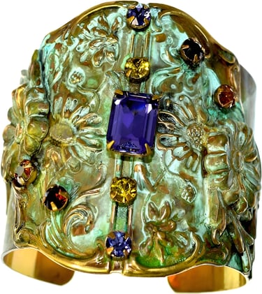 Olive Patina Brass Wide Cuff Bracelet with Zinnia Flowers and Colorful Glass Stones