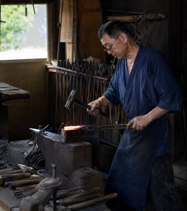 A Japanese blacksmith in a traditional workshop hammering glowing hot metal on an anvil with tongs.
