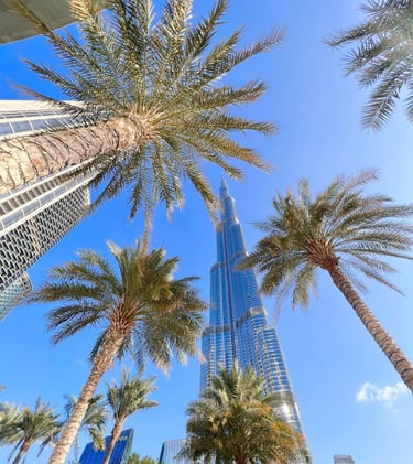 a tall building with tall palm trees in the background