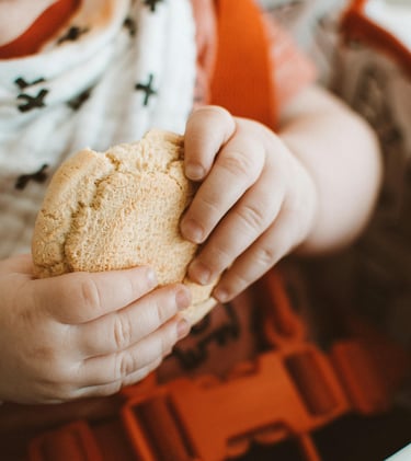 Bebé sentado en su silla alta sosteniendo con sus pequeñas manos una galleta redonda