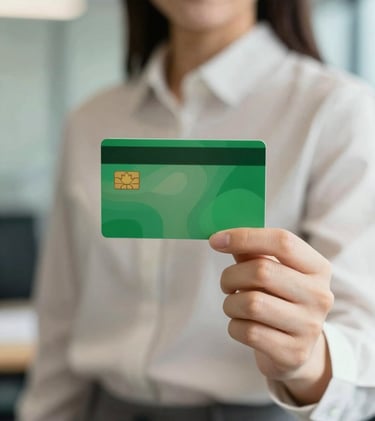 A close-up of a young professional in a sharp, minimalist outfit holding a Canadian bank card, soft focused office background, professional lighting, featuring #2B5F47 and #A8986F color palette.