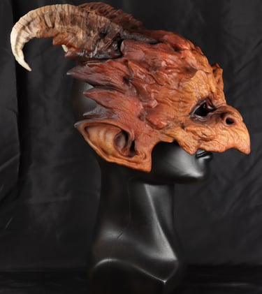Finished fantasy creature mask created from a detailed 3D print and hand finished