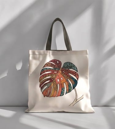 Tote bag con imagen de costilla de Adan con textura de animal print bordada a mano