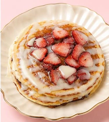 Una pila de esponjosas tortitas cubiertas con fresas frescas en rodajas y glaseado de crema dulce.