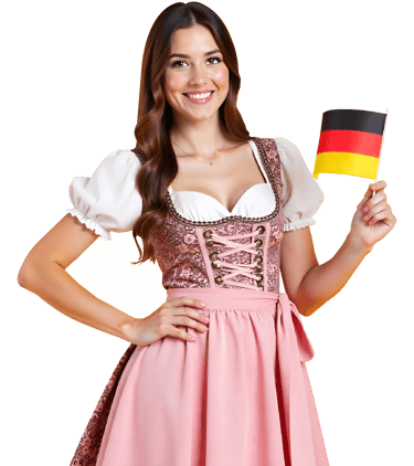 a woman in a pink dress holding a german flag