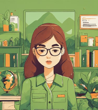 a japanese woman in a green shirt and glasses holding a tablet