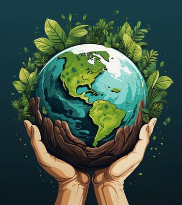 a person holding a globe with leaves and a globe