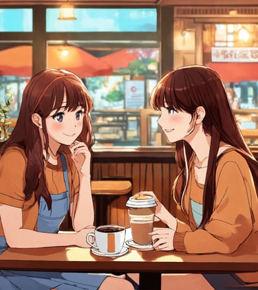 two japanese girls sitting at a table with coffee