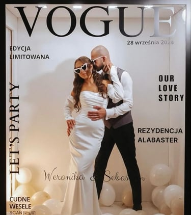 Couple posing in magazine photo booth at Bakersfield wedding