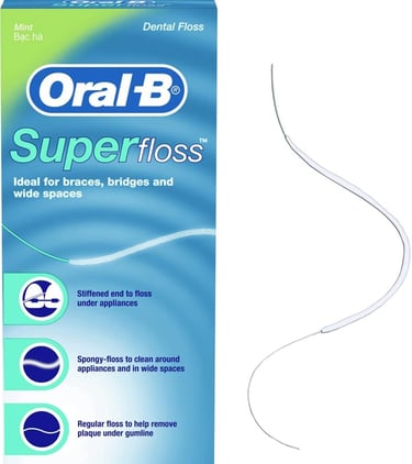 Oral B Superfloss for use with bridges and wide spaces.