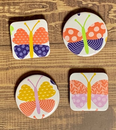 Set of 4 circle and square metal and mylar butterfly magnets