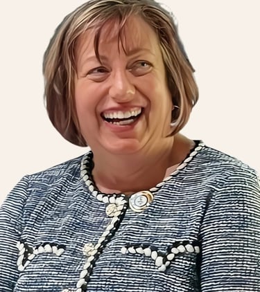 image of a smiling woman's head and shoulders dressed in a blue and white suit