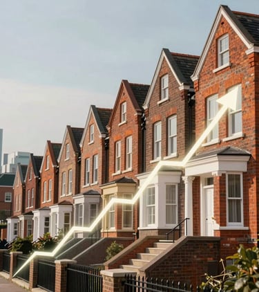 A rising arrow graph overlaid on a row of red brick terraced houses representing the UK real estate market growth.