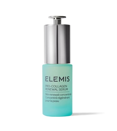 Elemis Pro-Collagen Renewal Serum in a teal bottle with a silver pump dispenser for anti-aging skincare.
