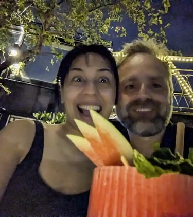 Enjoying an evening drink together during our Vietnam travels