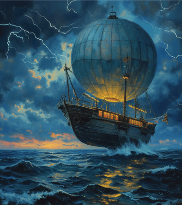 Fantasy airship painting soaring over a stormy ocean with lightning and a glowing balloon.