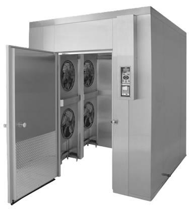 Industrial stainless steel walk-in blast chiller with open door and internal cooling fans.