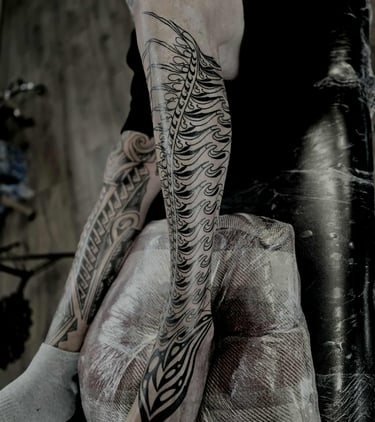 Unique line work tattoo on lower leg