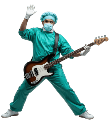 Kirurg i arbetskläder spelar elbas under teambuilding