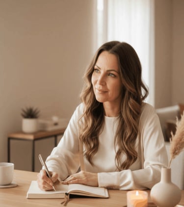 Anneli Schön sitting thoughtfully in a calm workspace listening the client and making notes