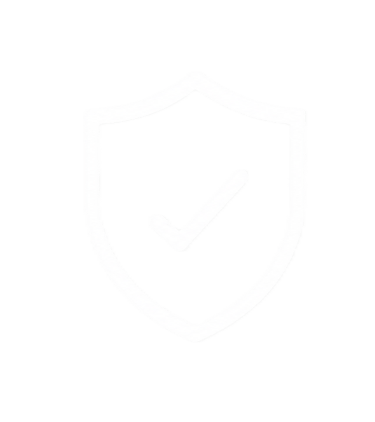 White outline of a security shield icon with a checkmark on a black background.