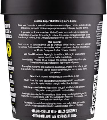 Pote da máscara de hidratação Morte Súbita vista da composição e como usar.