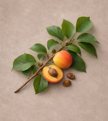 A fresh apricot branch with green leaves, a halved apricot showing the pit, and loose seeds.