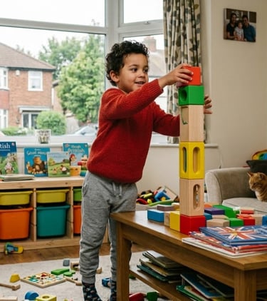 Boy with ADHD plays with blocks at home.