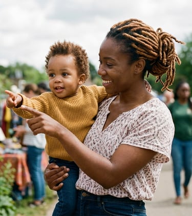Baby explores a market with their mother.