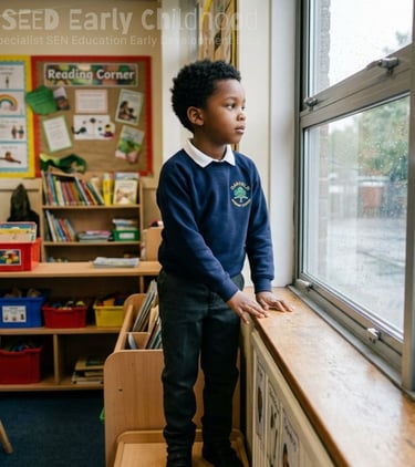 A four year old boy with ADHD stands on classroom furniture to look out of the window 