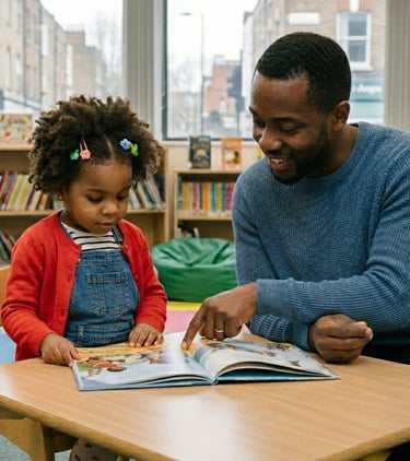A 3 year old girl at the library with her dad.