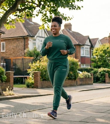  Mother in a tracksuit runs around down her road.