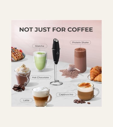 Zulay Kitchen Powerful Milk Frother Wand with mugs filled with beverages with froth
