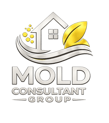 Mold Consultant Group logo featuring a silver house icon and golden leaves on a black background.