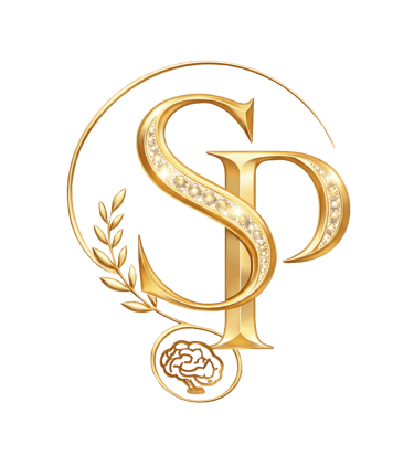 Elegant gold SP monogram logo with diamonds, a laurel branch, and a brain icon on a black background.