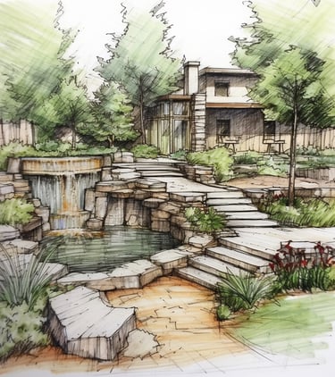 Full-color rendering of natural plunge pool with waterfall & steps descending from house| Aqua Vitae