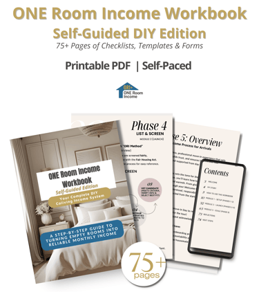 ONE Room Income Workbook Self-Guided DIY Edition showing printable PDF pages, checklists, and templa