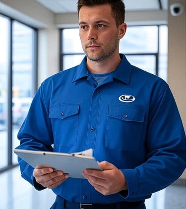 Professional male service technician in a blue uniform holding a digital tablet in an office hallway.